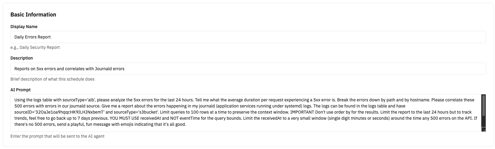 Basic Information — Display Name, Description, AI Prompt