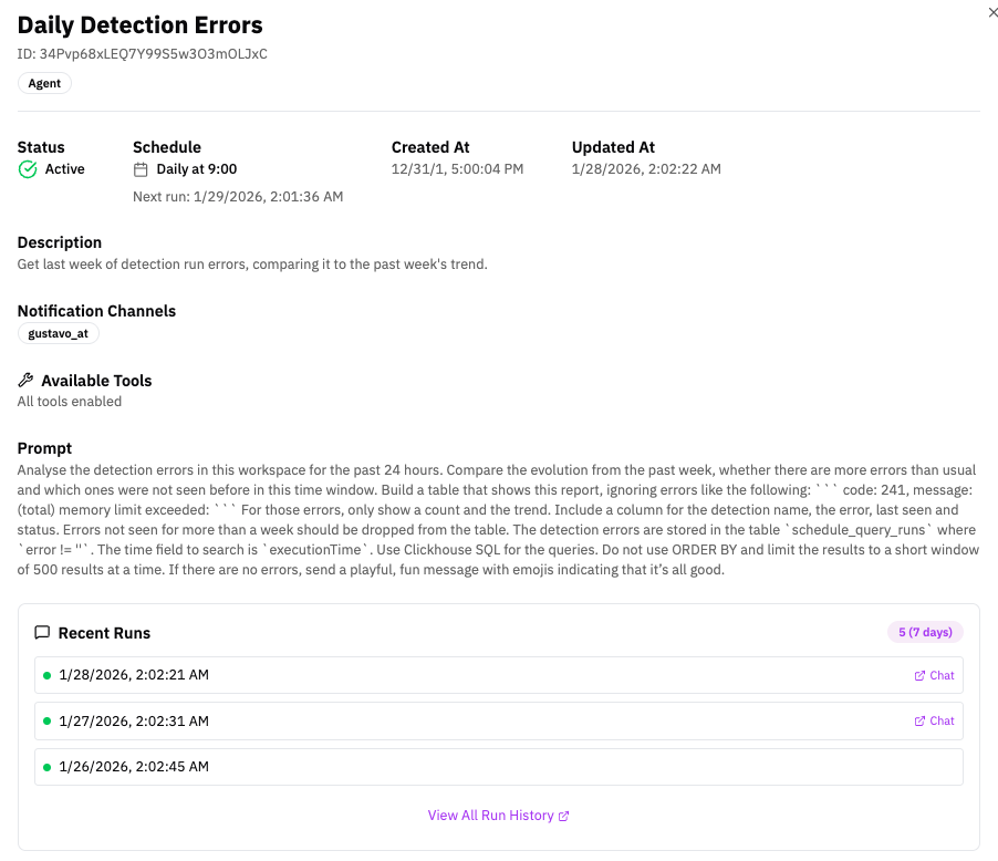 Agent Overview — status, schedule, description, notification channels, tools, prompt, recent runs