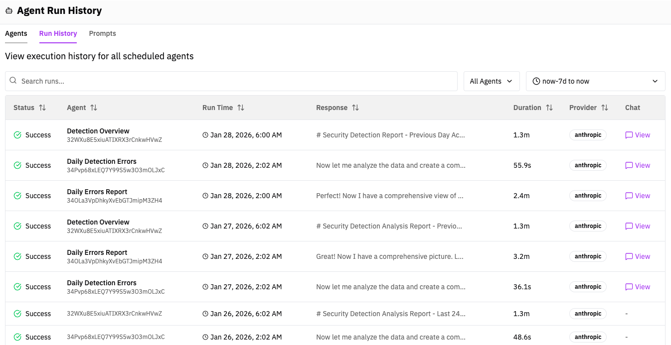 Run History tab — execution history across all agents with status, timestamps, and chat links