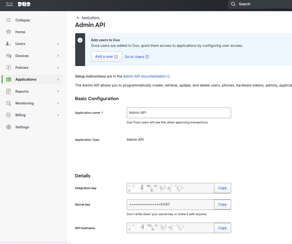Duo Admin API Configuration