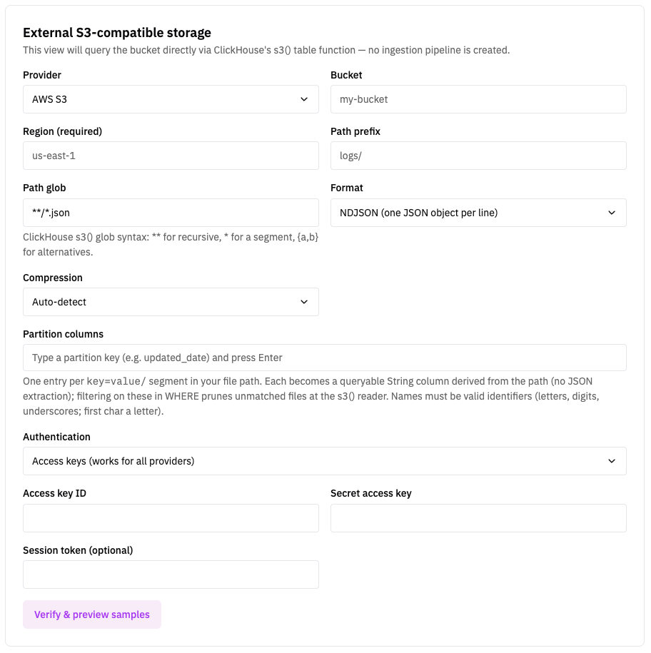 External S3-compatible storage configuration form (click to open full size)