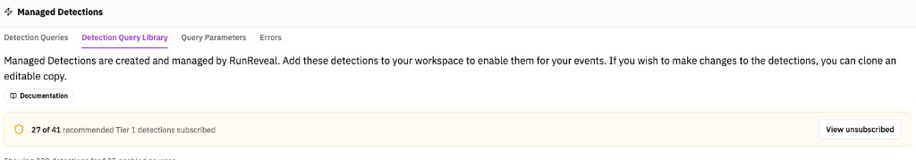 Detection Query Library (Managed Detections) with Tier 1 subscription banner and View Unsubscribed