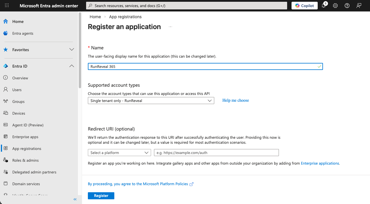 Register a new application in Azure Entra