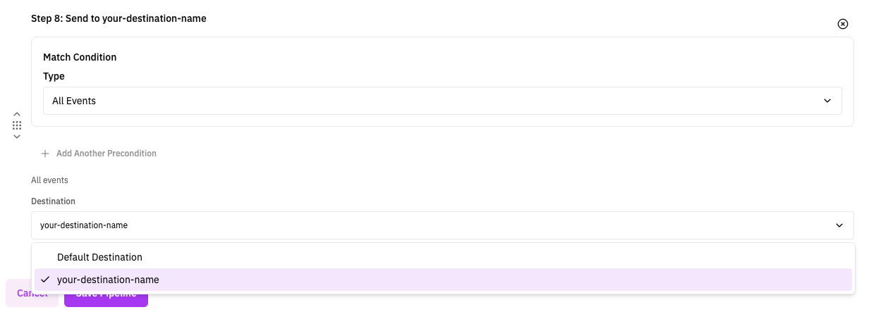 Destination step in the RunReveal pipeline editor