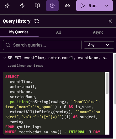 Query History panel in Explore