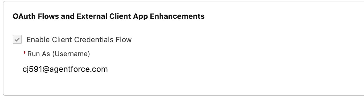 Client Credentials Flow — Run As (Username) set to integration user