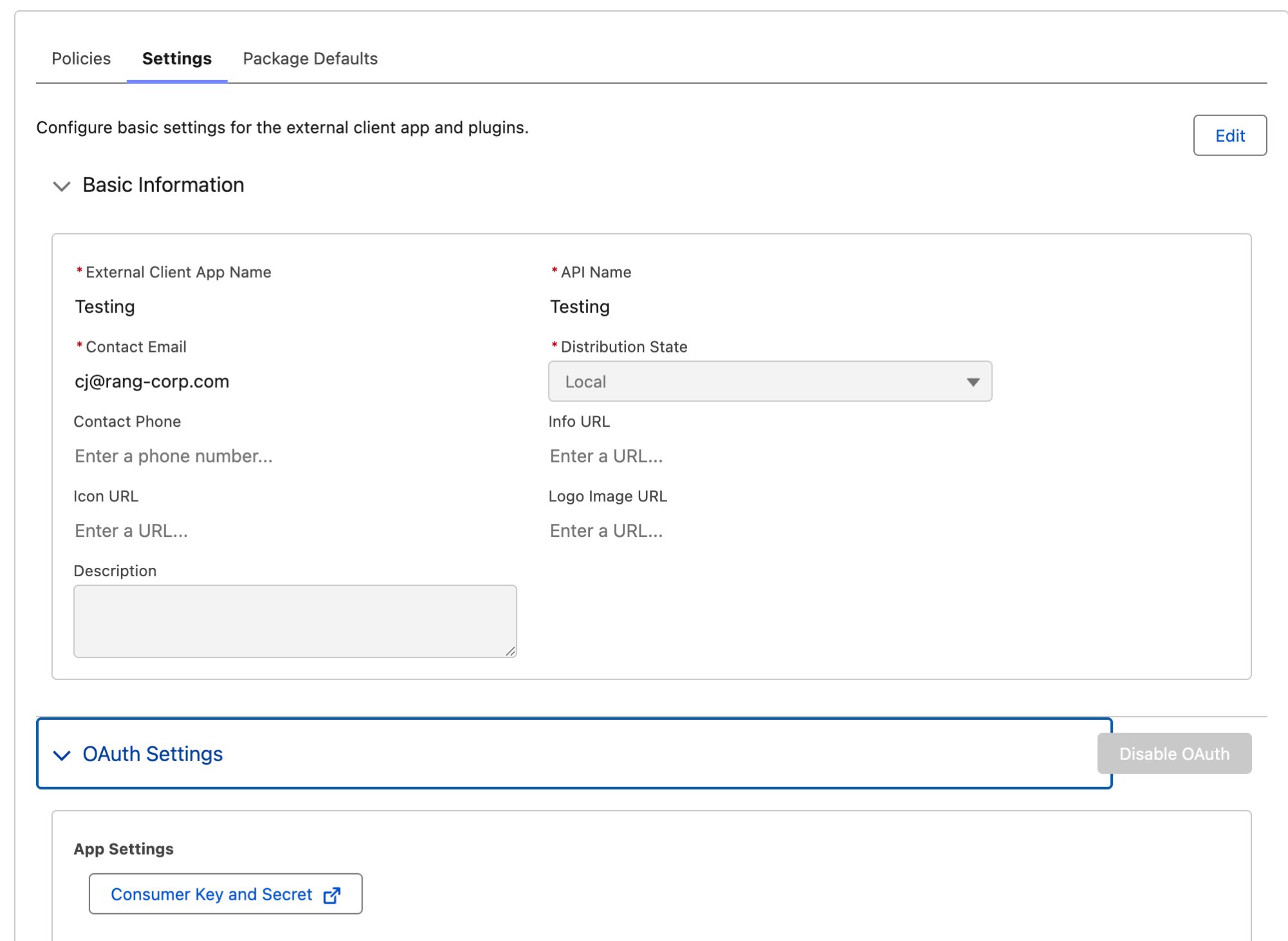 External Client App Settings — Consumer Key and Secret under OAuth Settings