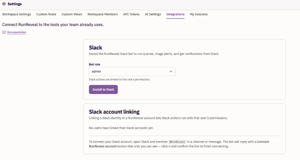 Slack bot install and account linking in Settings → Integrations