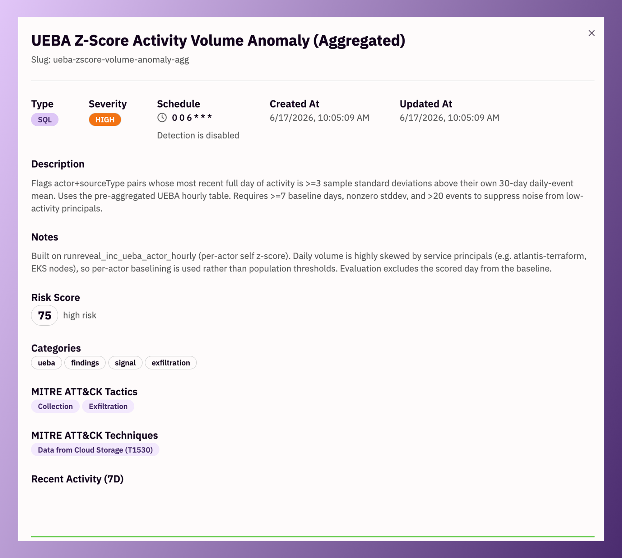 Example registered UEBA z-score volume detection with thresholds, MITRE mapping, and tuning notes